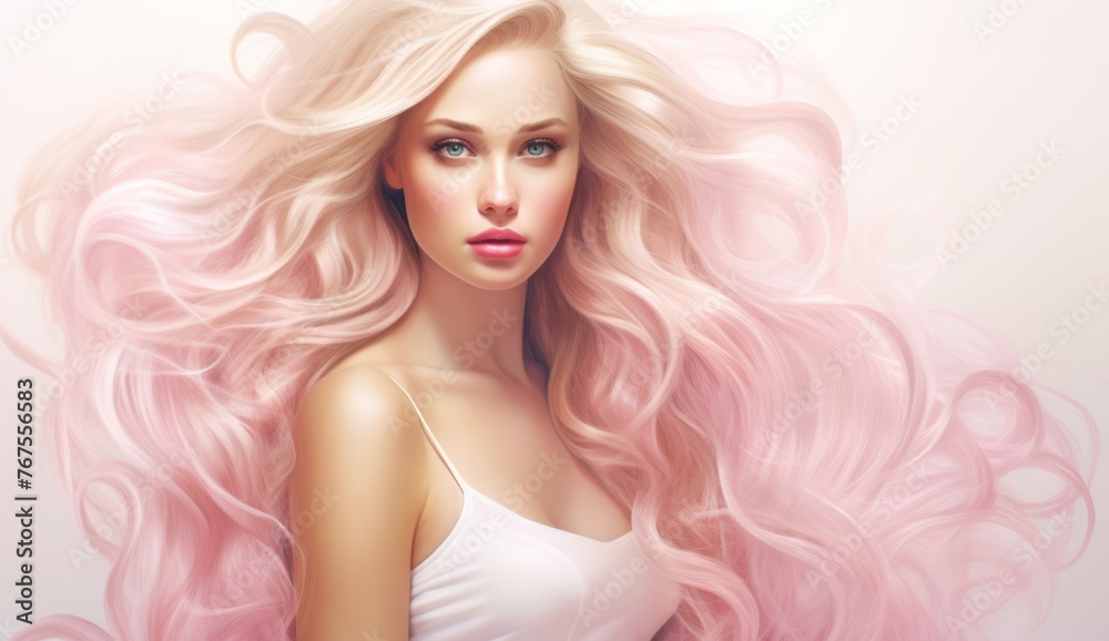 Portrait of a beautiful Blonde Hair of caucasian woman with a bright smile for shampoo advertising concept Hair conditioner and cosmetic products on pastel pink background.