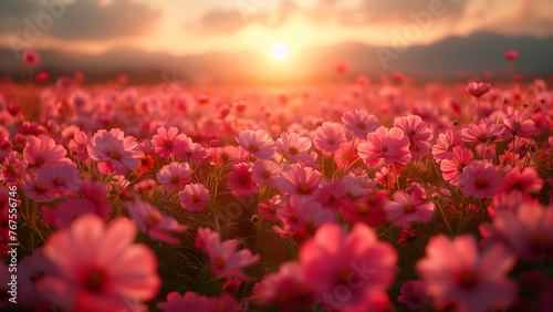 ピンク色の花園 夕陽 photo