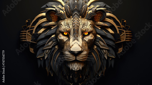 3d metallic golden lion king head face and shield  on black beautiful texture background. Beautiful 3D print design for interior  wall  wallpaper  canvas. Video game logo  
