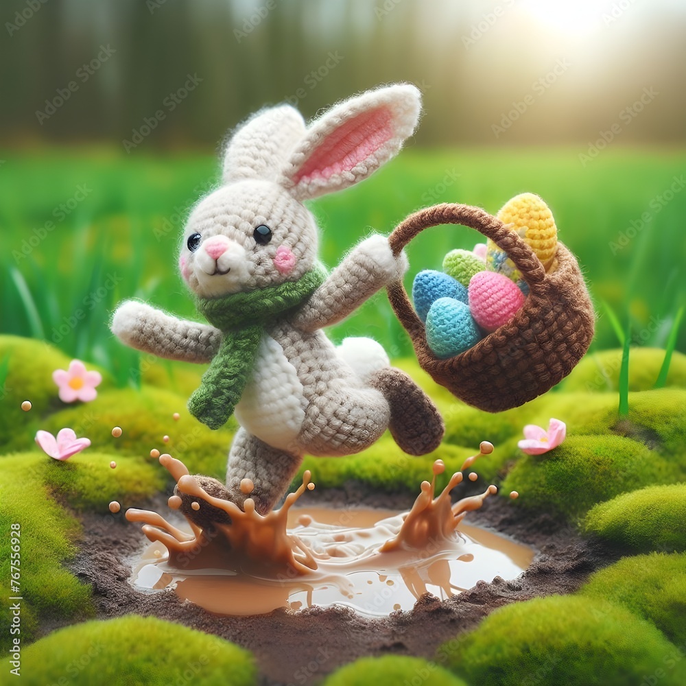 ai generated Happy Easter 3d realistic bunny doll Crochet figure jumping over a muddy puddle carrying a basket filled with colorful Easter eggs against a beautiful meadow flowers background	
