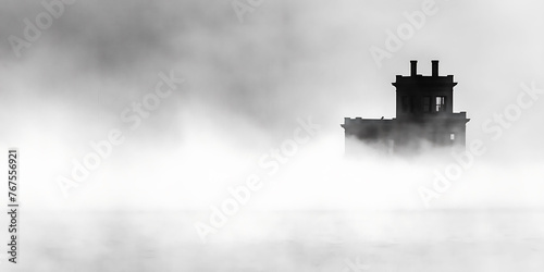 country house, close to a lake, surrounded by mist photo