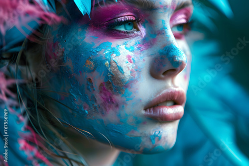 portrait of a beautiful woman model with colored bodypainting on her face. fashionable beauty and glamor