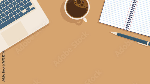 desk top view in flat style keyboard, laptop computer, phone and tablet, post its clips pens pencils over brown table background