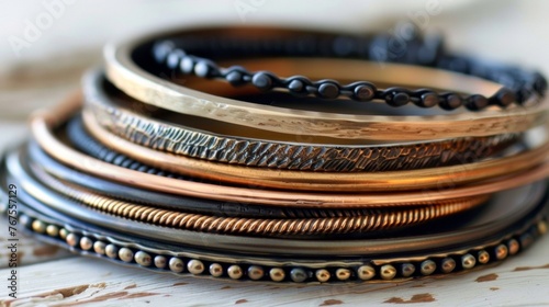 A set of stacked bangle bracelets in different metals and textures perfect for adding an extra layer of interest to any outfit.