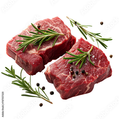 Raw beef steak with rosemary and peppercorns isolated on transparent background With clipping path. cut out. 3d render