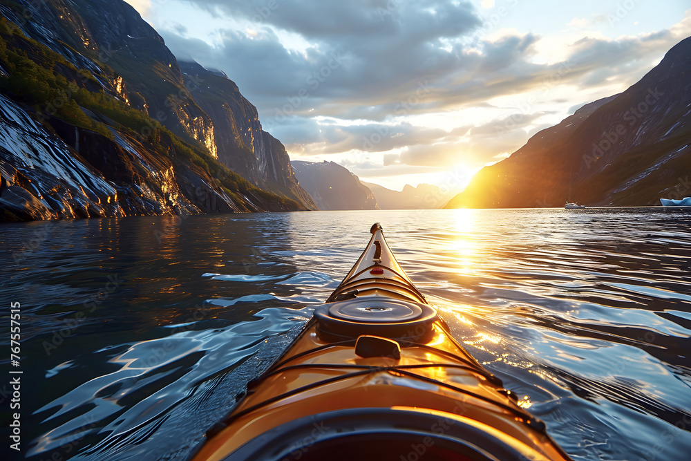 Fototapeta premium yellow kayak boat floats down the river in the fjords of Norway towards the sunrise. view from myself
