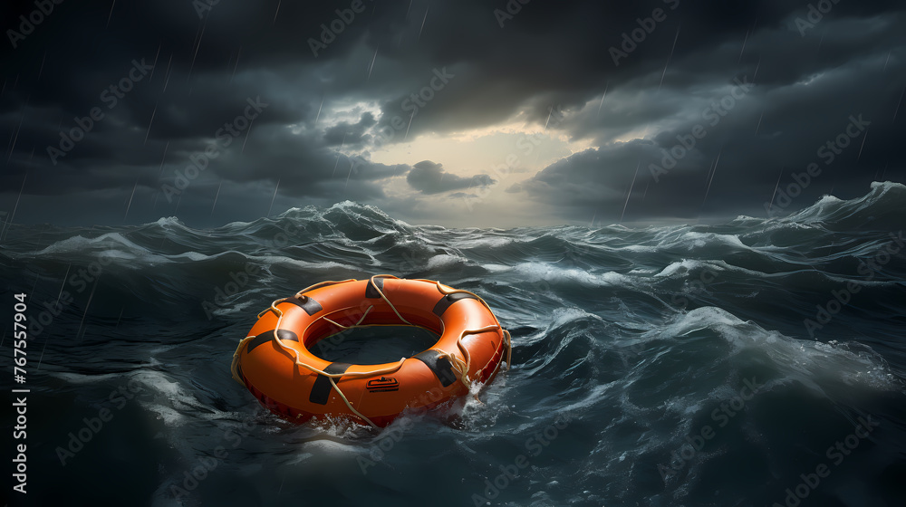 Naklejka premium Lifebuoy floating on the sea, symbolizing safety