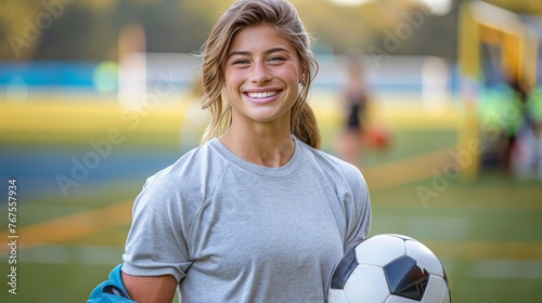 young woman model smiling, white cotton mock up crewneck t-shirt, carrying a soccer ball photo
