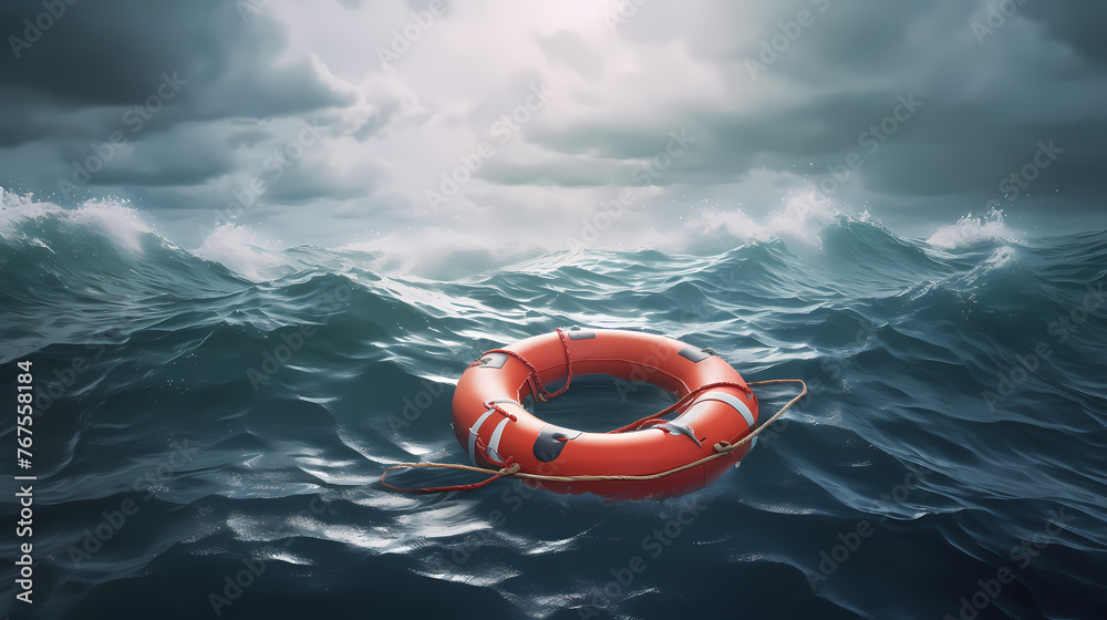 Lifebuoy floating on the sea, symbolizing safety - obrazy, fototapety, plakaty 