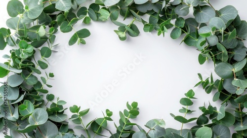 Natural Eucalyptus Branch Wreath Frame with Leaves, Isolated on White Background - Top View Flat Lay