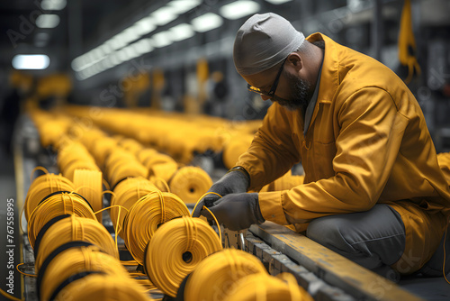 production of yellow cable. a male worker in a protective helmet and overalls works in production. industrial industry