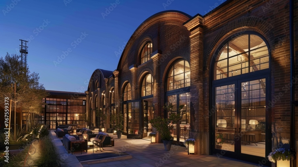 A nighttime shot of a converted train depot turned into a luxury hotel. The iconic arched windows and industrial details have been preserved while the interior boasts stylish