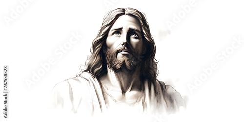 Portrait of Jesus Christ in black and white with copy space. Vector illustration.