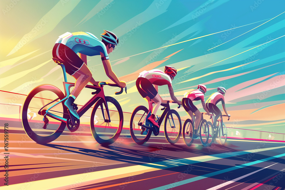 Fototapeta premium Cycling race in beautiful nature mountain. Bicycle racers in action. Professional cyclists colorful Grainy gradients modern art design. AI generated