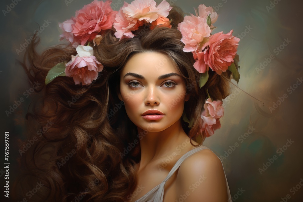 Fototapeta premium Portrait of a happy young woman in blooming. Flower covering her head and face. Close up portrait of a lovely woman in summer dress. Generative AI.