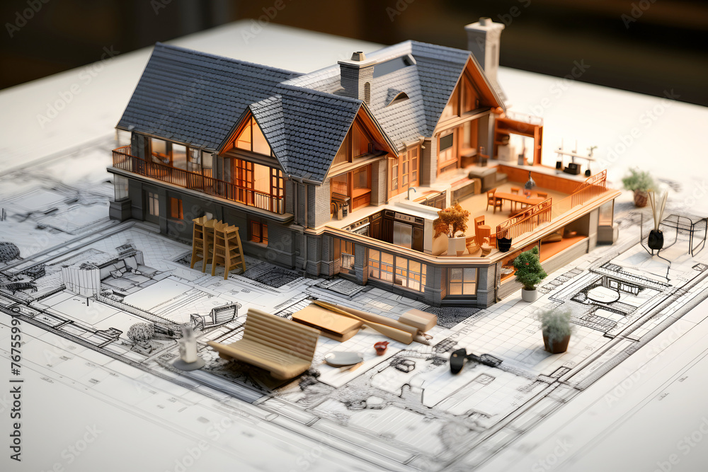 model of a private residential building with drawings and plans on the table of the architect and designer. construction and architecture model of a private residential building with drawings and plans on the table of the architect and designer. construction and architecture
