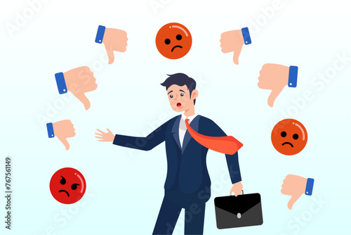Businessman response to negative feedback, response to negative feedback, dislike or bad customer review rating, handle complaint, business mistake or problem, satisfaction or angry opinion (Vector)