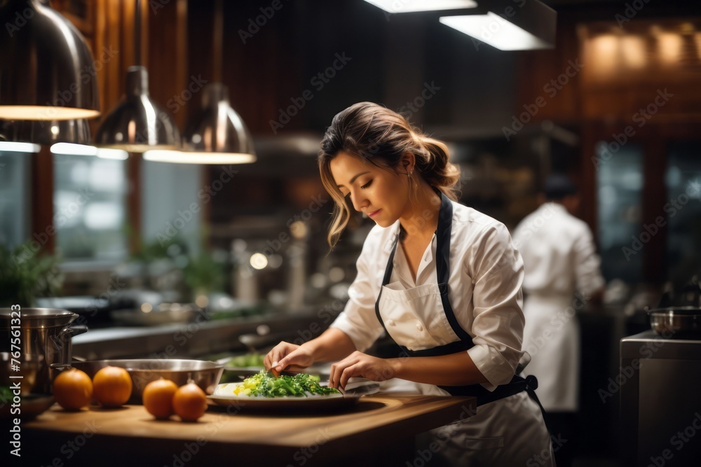 Female chef prepares dishes in luxury restaurant kitchen, delicious restaurant food menu Female chef prepares dishes in luxury restaurant kitchen, delicious restaurant food menu