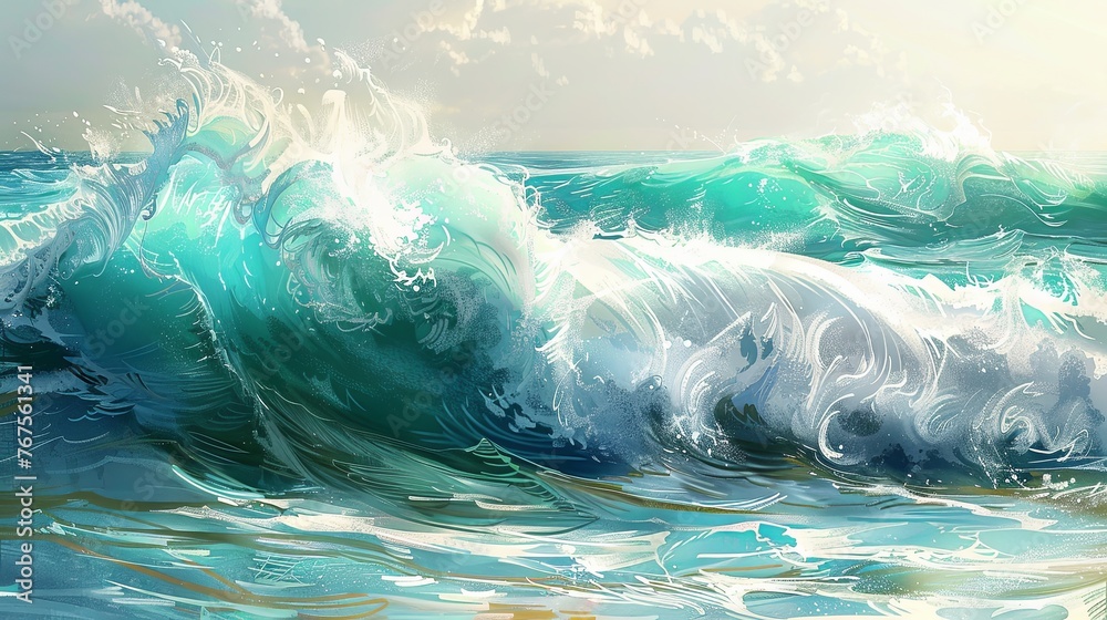 Craft an image that conveys the powerful yet serene movement of the sea, with waves captured in the midst of a gentle crash. The palette should consist of aqua blues Craft an image that conveys the powerful yet serene movement of the sea, with waves captured in the midst of a gentle crash. The palette should consist of aqua blues