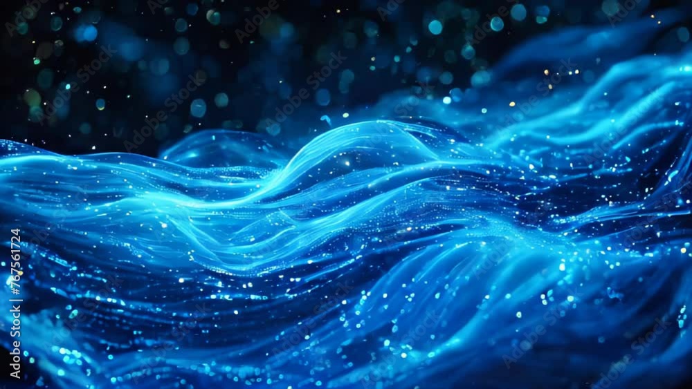 Mystical blue waves flow and dance against a dark backdrop. Countless glowing particles seem to move in unison with the undulating streams. Mystical blue waves flow and dance against a dark backdrop. Countless glowing particles seem to move in unison with the undulating streams.