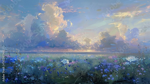 Image of a dreamy meadow at sunrise  with the soft glow of the morning light diffusing through a cluster of majestic clouds. The field is sprinkled with wildflowers in hues of blues  purples