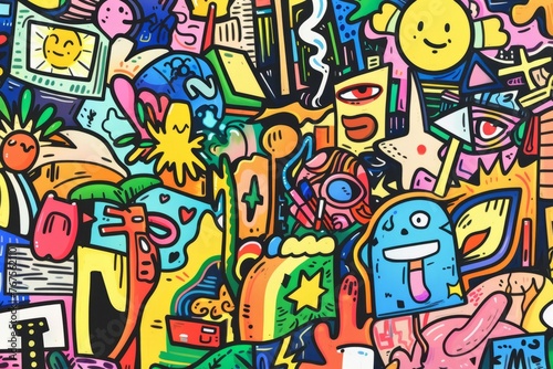 Cartoon cute doodles of a gallery collaboration project between artists of different backgrounds and styles, creating a diverse and vibrant exhibition, Generative AI