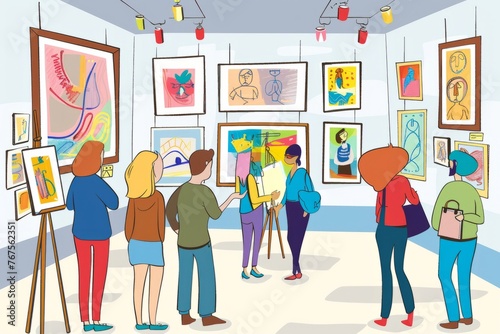 Cartoon cute doodles of a gallery filled with whimsical paintings, colorful sculptures, and adorable art enthusiasts admiring the creative masterpieces, Generative AI
