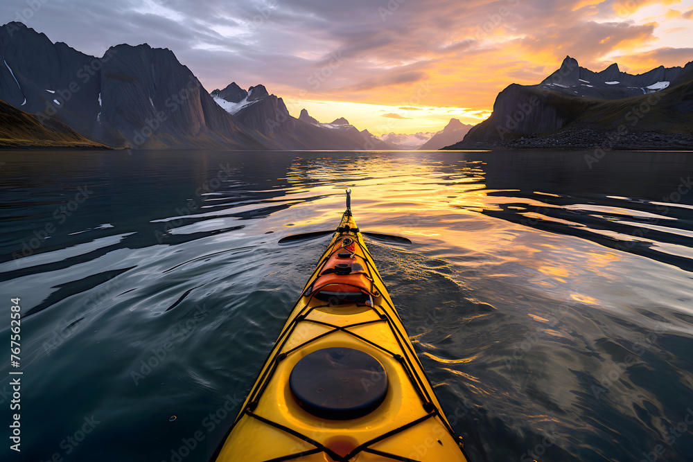 Fototapeta premium yellow kayak boat floats down the river in the fjords of Norway towards the sunset. view from myself