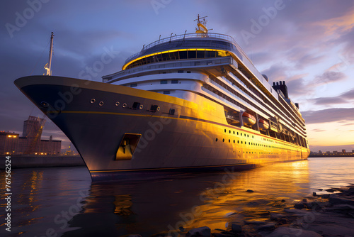 large luxury cruise ship sails along the night ocean along its route. sea       recreation and tourism.