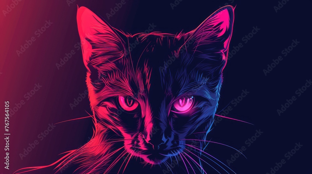 Neon Cat Head Glowing Art
