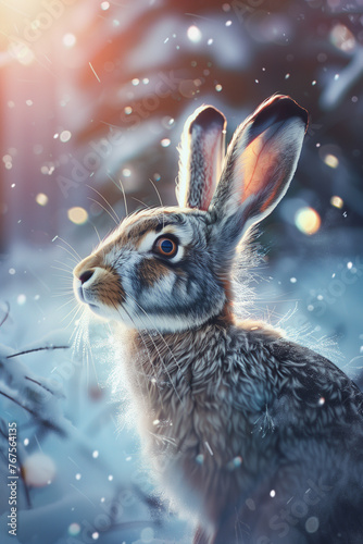 Adorable hare in snowy forest wildlife habitat, blurred winter wonderland background © pijav4uk