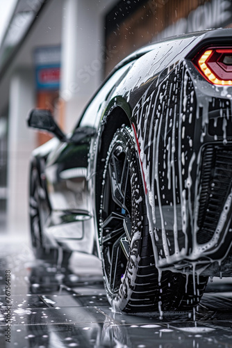 Luxury black sports car receiving professional shampoo wash, with space for text