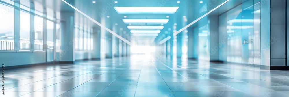 Light blue blurred background panoramic image of a spacious office or mall or public space corridor.