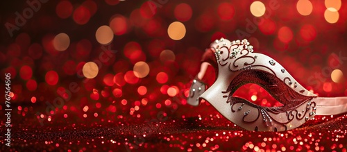 Luxury red venetian mask on red glittering bokeh background, new year eve and Christmas celebration, event of carneval masquerade costume