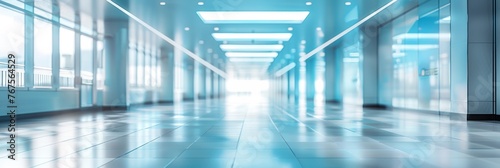 Light blue blurred background panoramic image of a spacious office or mall or public space corridor.