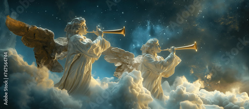 robed male angels blowing shofar Clouds
