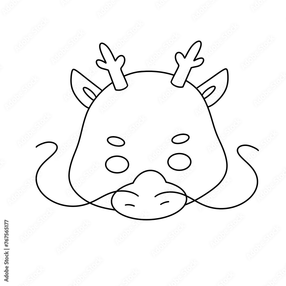 A white drawing of a dragon with horns and a long neck. The dragon has a mustache and is wearing a mask