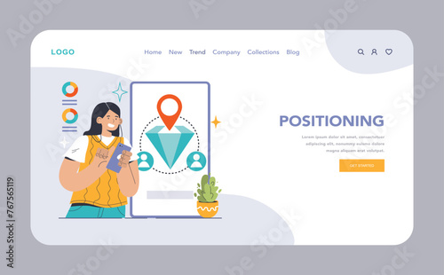 Brand positioning web or landing. Woman using a phone, diamond on display