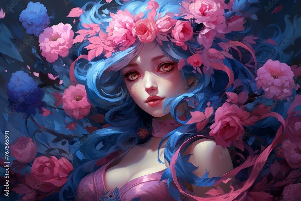 Fototapeta premium illusion digital drawing of a happy young woman in Flower covering her head and face. Close up portrait of a lovely woman in summer dress. Generative AI.