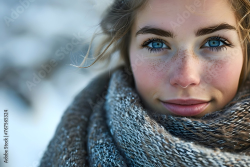 portrait of a very beautiful young woman with freckles in a warm knitted scarf. beauty seasonal fashion