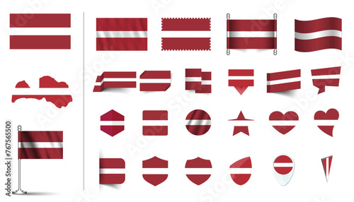 Free Download set of Latvia flag, flat Icon set vector illustration. collection of national symbols on various objects and state signs. flag button, waving, 3d rendering symbols, and flag on map symbols - GFXLoad