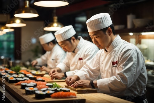 Skilled asian chef preparing sushi in japanese restaurant, delicious restaurant food menu