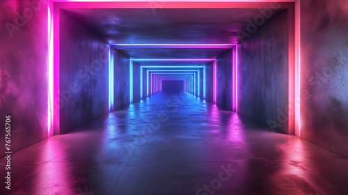 Abstract futuristic Sci-Fi blue and purple neon light shapes on dark background and reflective. Concrete with empty space Illustration.