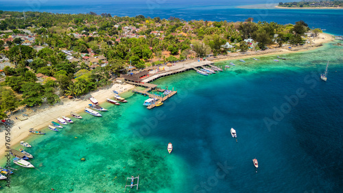 Aerial view of a busy tourist port area on a small tropical island (Gili Air, Lombok, Indonesia) © whitcomberd