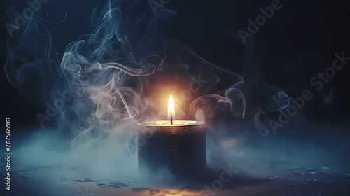 A lonely candle illuminates the foggy room with its beam