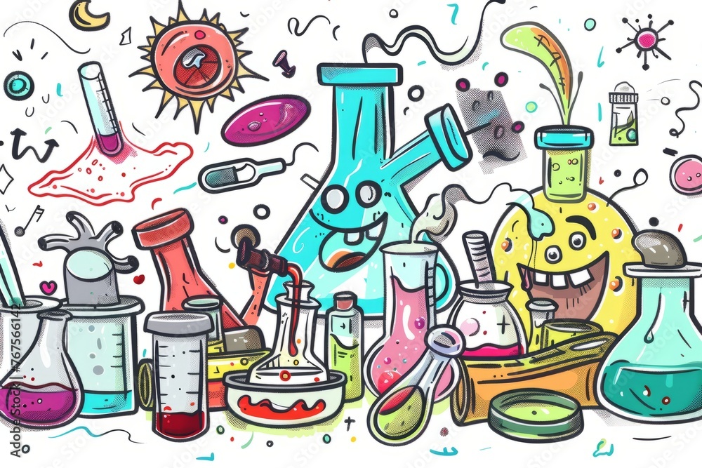 Cartoon cute doodles of lab experiments gone awry, with comical mishaps and surprises keeping the atmosphere light-hearted and fun, Generative AI