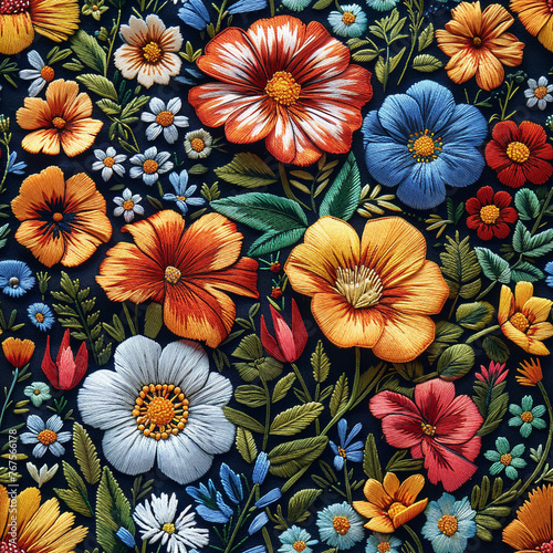 Colorful floral seamless pattern with vibrant colors flowers  ideal for fabric design or wallpaper.