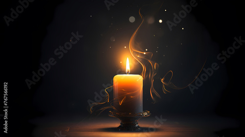 A lonely candle illuminates the foggy room with its beam