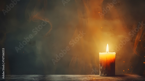 A lonely candle illuminates the foggy room with its beam