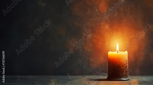 A lonely candle illuminates the foggy room with its beam